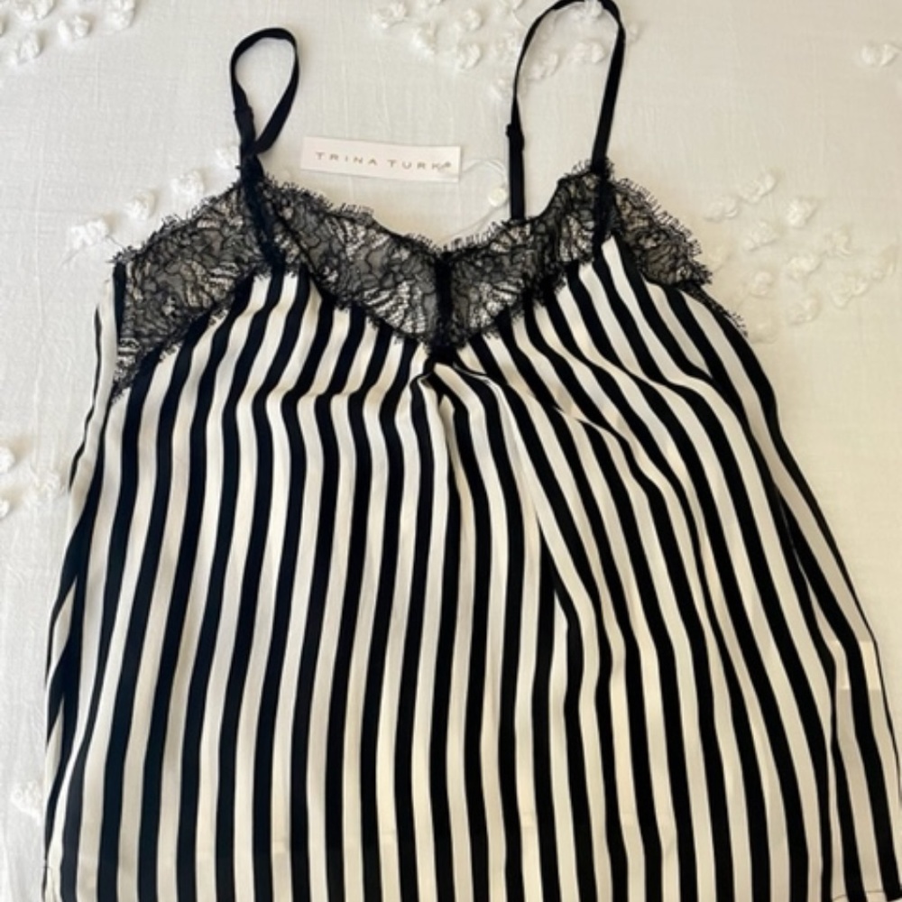 Trina Turk! Never worn, black/ white silk and lace top! Small  P